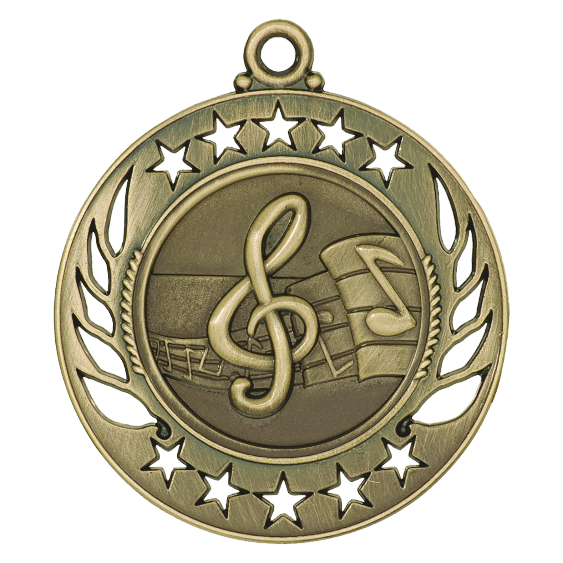 Antique gold Galaxy Music Medal with treble clef and music note design, star border.