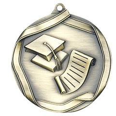 Scholastic Elite medal – antique gold finish with graduation cap and diploma design
