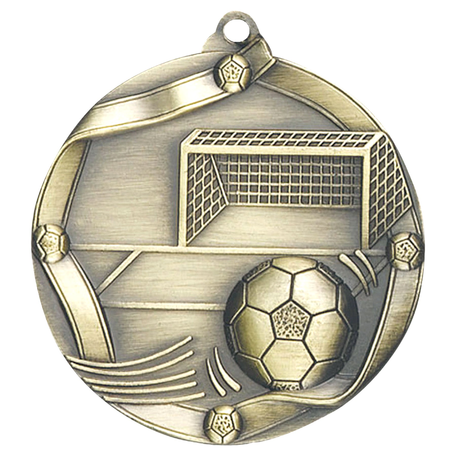 Soccer Elite medal – antique gold finish with soccer ball and goal net design