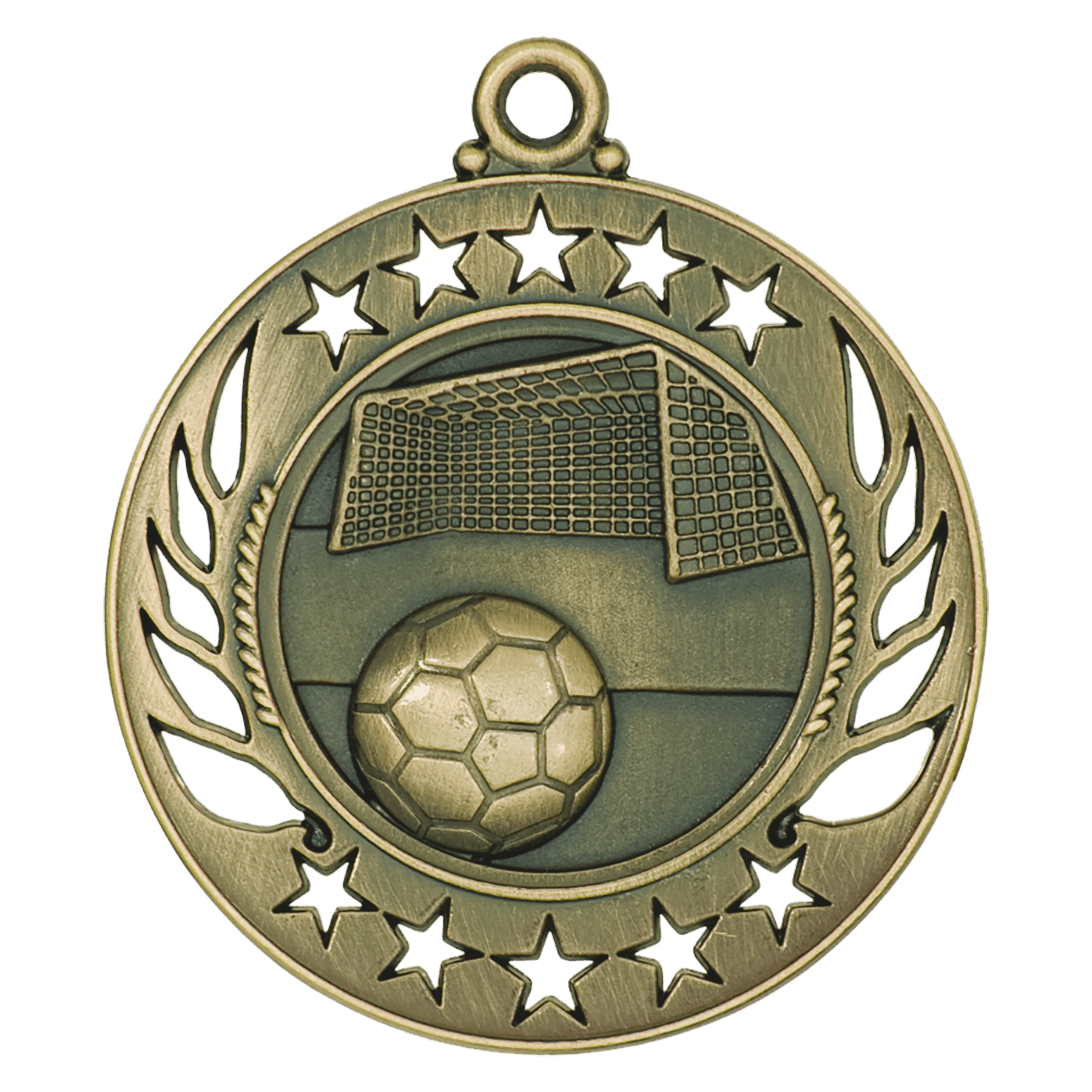 Antique gold Galaxy Soccer Medal with soccer ball and goal net design, star border.
