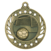 Antique gold Galaxy Soccer Medal with soccer ball and goal net design, star border.