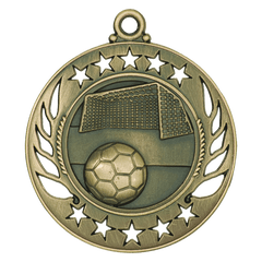 Antique gold Galaxy Soccer Medal with soccer ball and goal net design, star border.