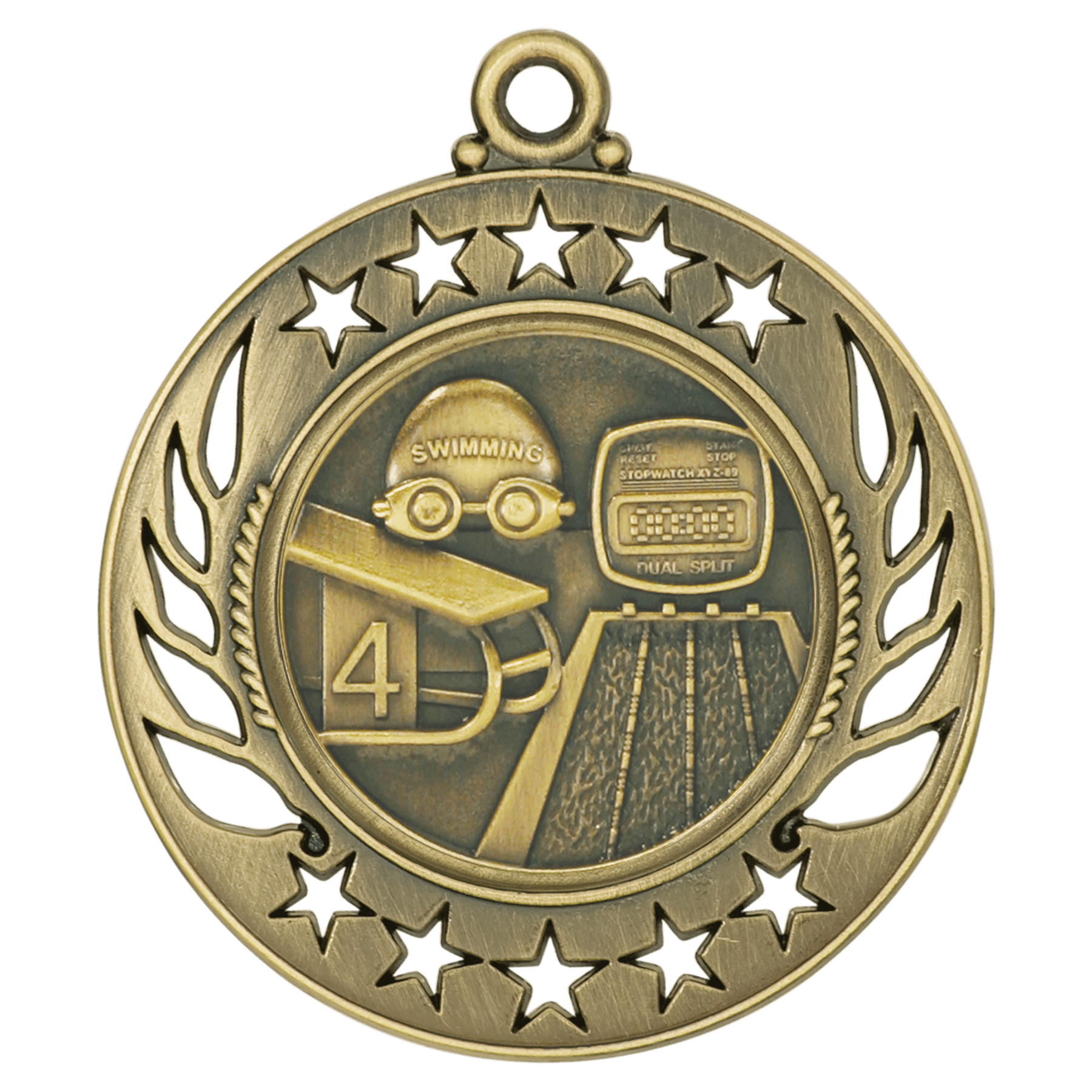 Galaxy Swimming Medal – antique gold finish with goggles, starting block, stopwatch, and pool lanes design