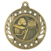 Galaxy Swimming Medal – antique gold finish with goggles, starting block, stopwatch, and pool lanes design