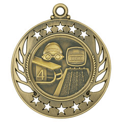 Galaxy Swimming Medal – antique gold finish with goggles, starting block, stopwatch, and pool lanes design