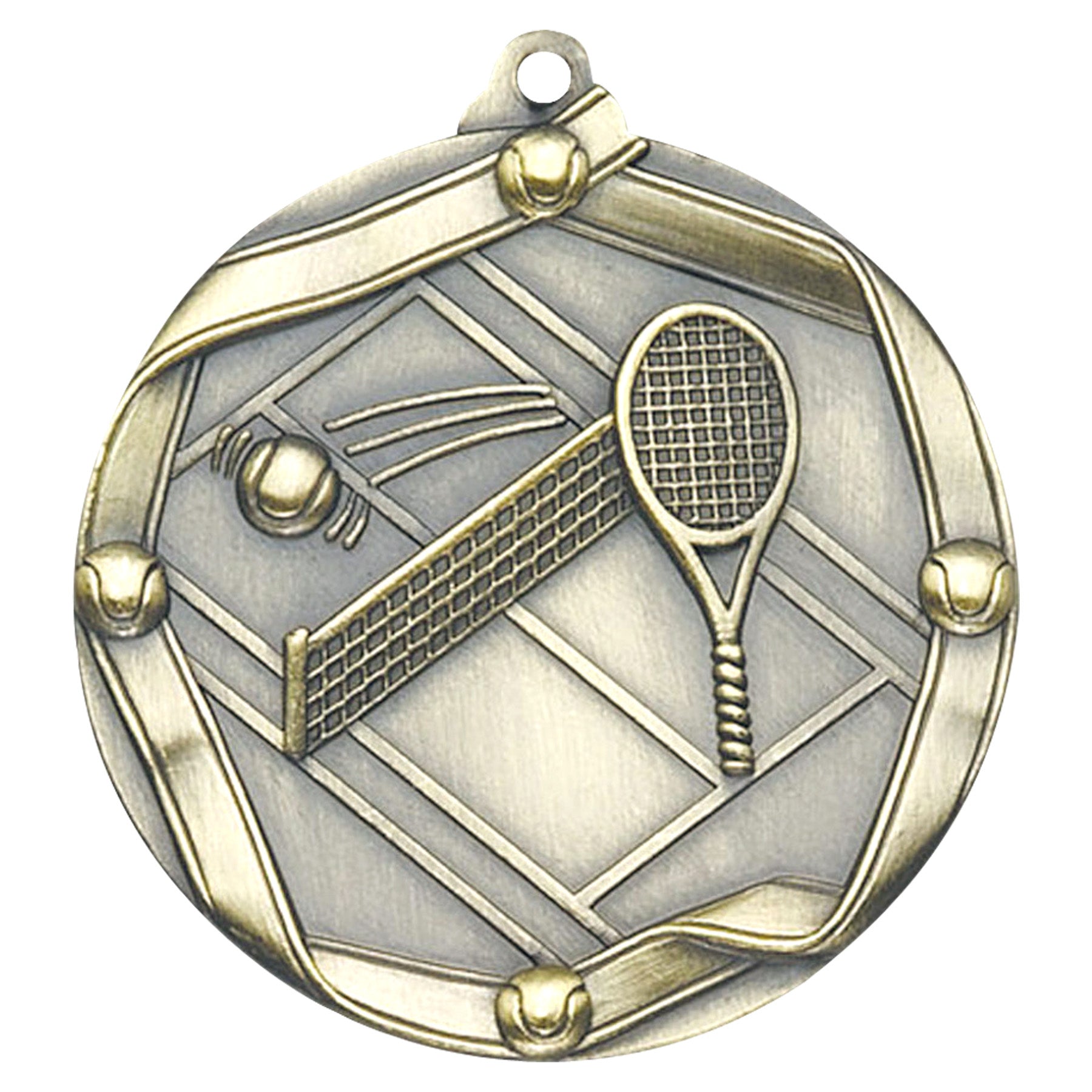 Tennis Elite medal – antique gold finish with tennis racquet and ball design