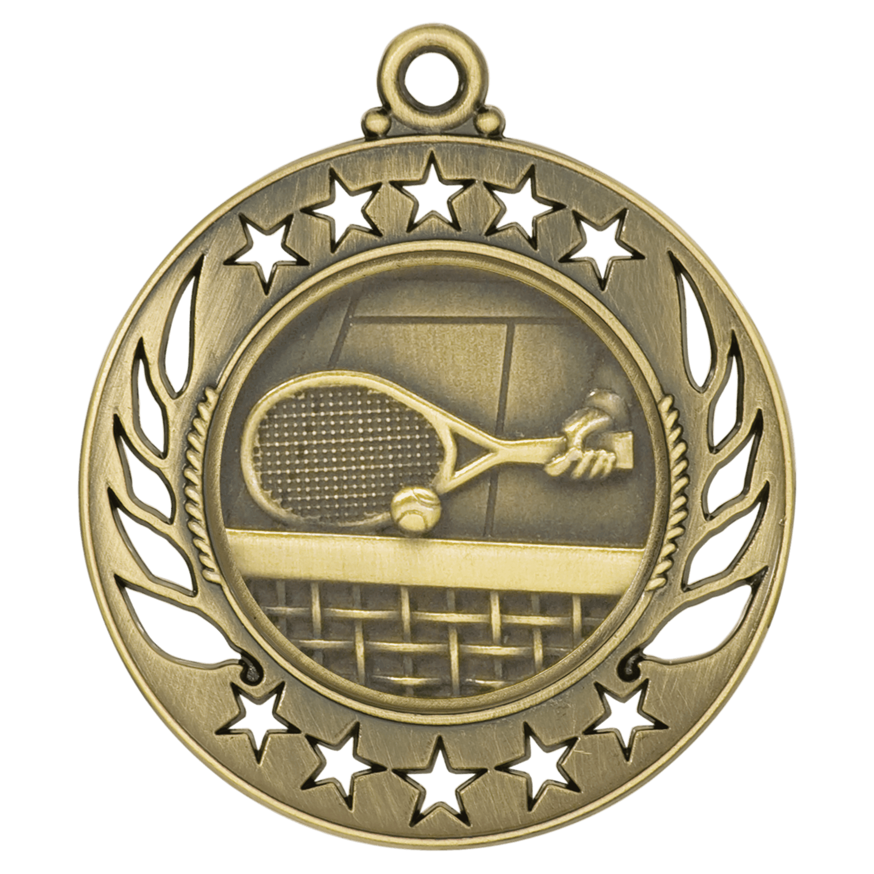 Antique gold tennis medal with racket and ball design framed by star cutouts