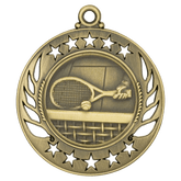 Antique gold tennis medal with racket and ball design framed by star cutouts