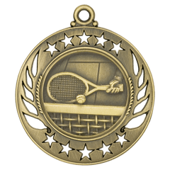 Antique gold tennis medal with racket and ball design framed by star cutouts
