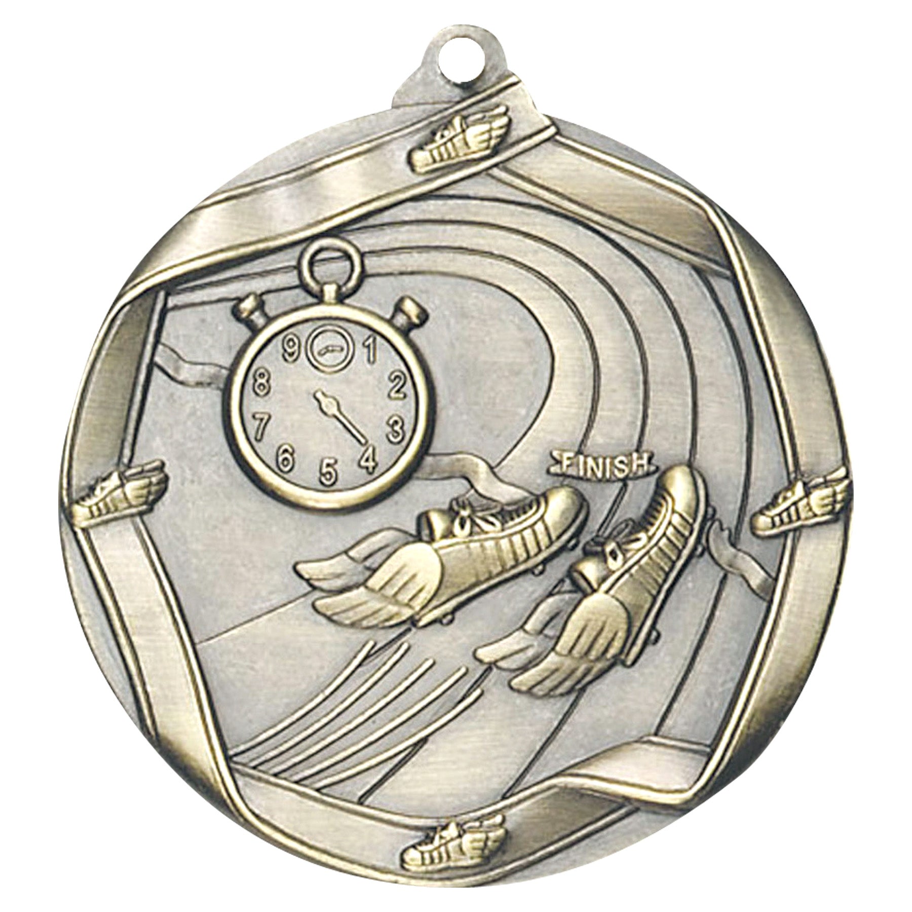 Track Elite medal – antique gold finish with running shoe and stopwatch design