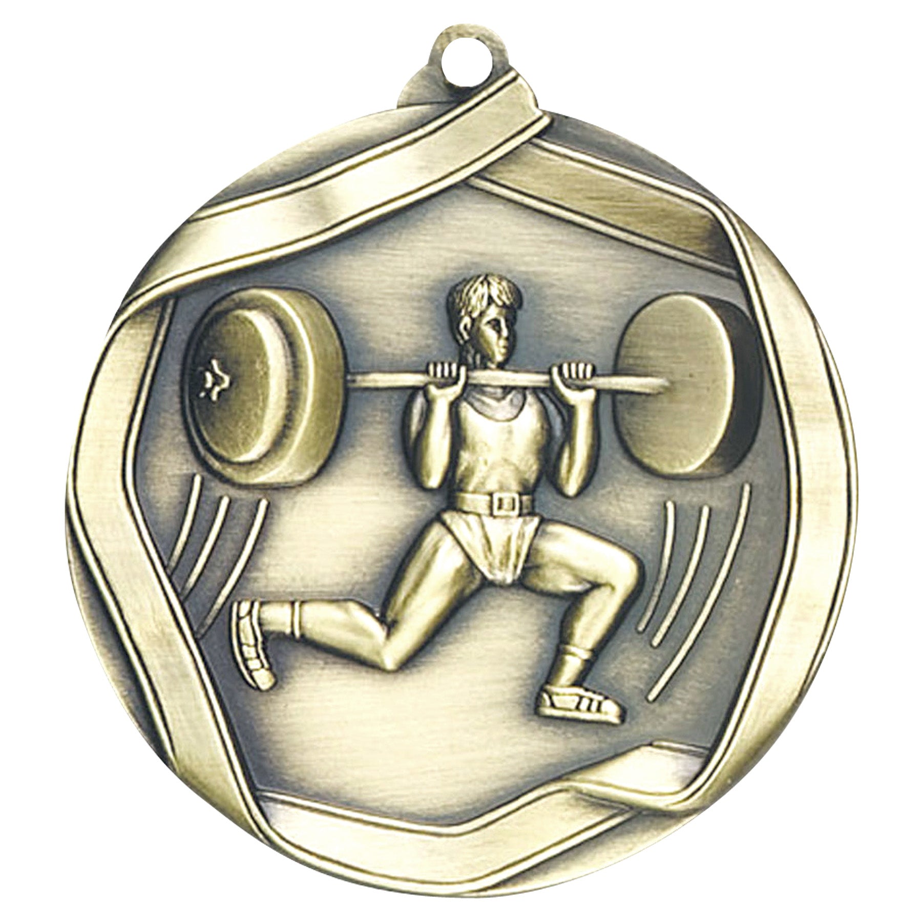 Weightlifter Male Elite Medal – Antique gold medal showing male athlete performing an overhead lift.