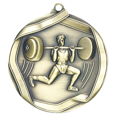 Weightlifter Male Elite Medal – Antique gold medal showing male athlete performing an overhead lift.