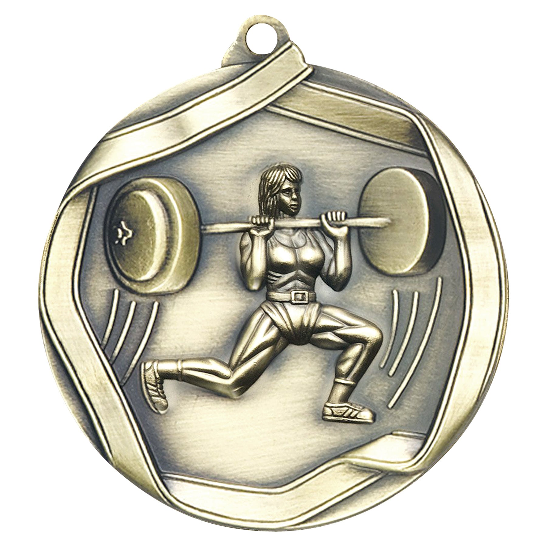Weightlifter Female Elite Medal – Antique gold medal showing female athlete performing an overhead lift.
