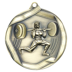 Weightlifter Female Elite Medal – Antique gold medal showing female athlete performing an overhead lift.
