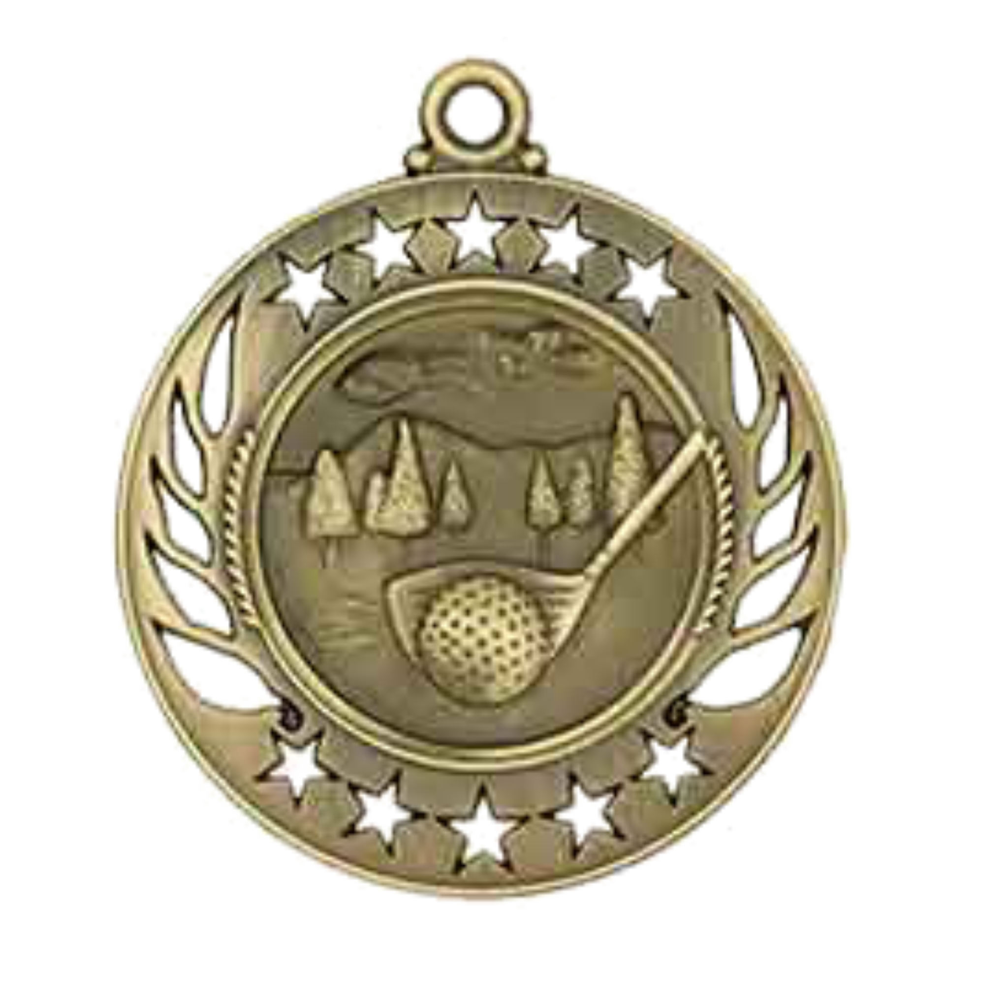 Antique gold medal with golf club and ball against scenic landscape, framed by star border.
