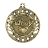 Antique gold medal with golf club and ball against scenic landscape, framed by star border.