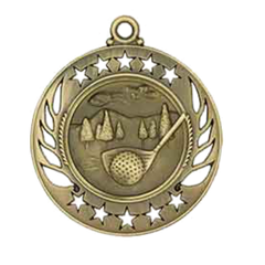 Antique gold medal with golf club and ball against scenic landscape, framed by star border.