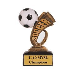 Soccer Headliner Award, A black and white soccer ball over a two toned antique gold soccer headline mounted on a black base.