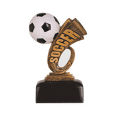 Soccer Headliner Award, A black and white soccer ball over a two toned antique gold soccer headline mounted on a black base.