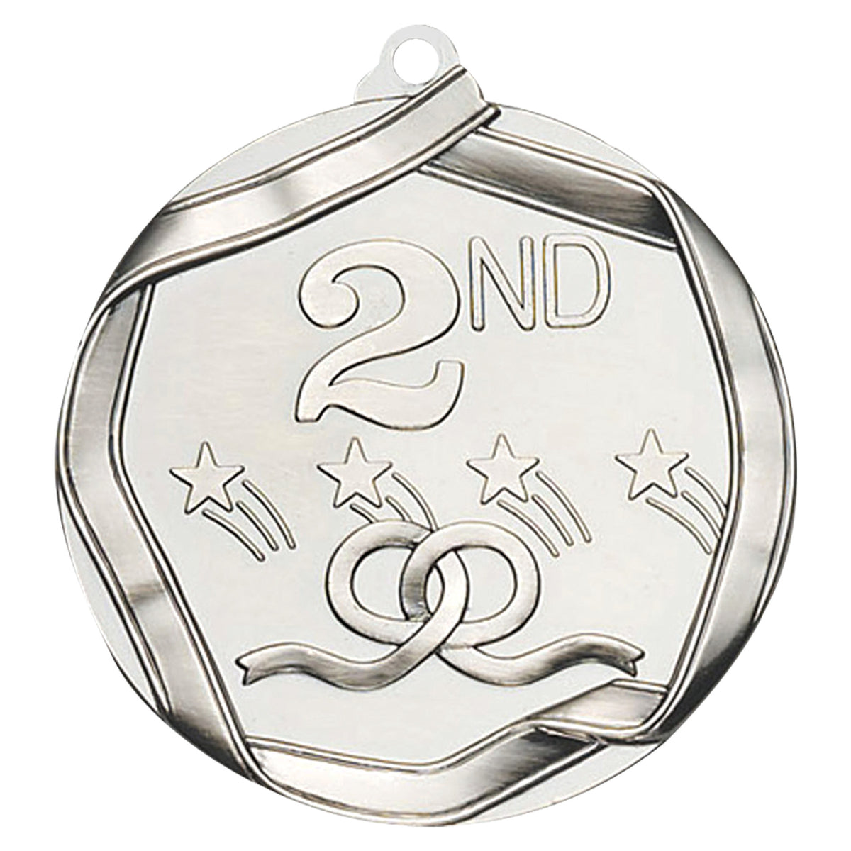 Elite Series 2nd Place Medal – Antique Silver finish with 2nd place text, stars, and ribbon design
