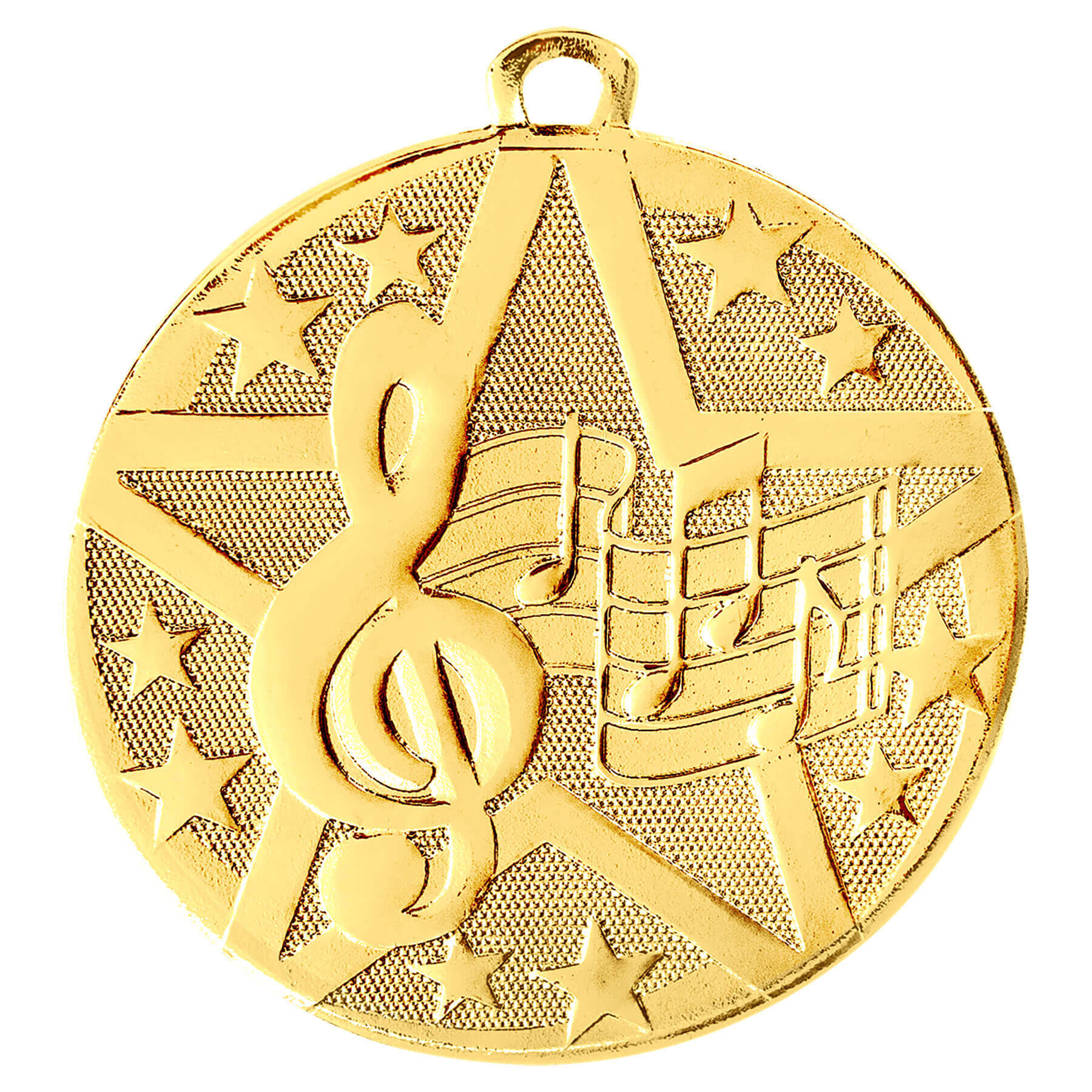 Gold Music Achievement Medal featuring a five-pointed star, treble clef, musical notes, and small embossed stars, perfect for recognizing excellence in music and musical achievements