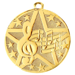 Gold Music Achievement Medal featuring a five-pointed star, treble clef, musical notes, and small embossed stars, perfect for recognizing excellence in music and musical achievements