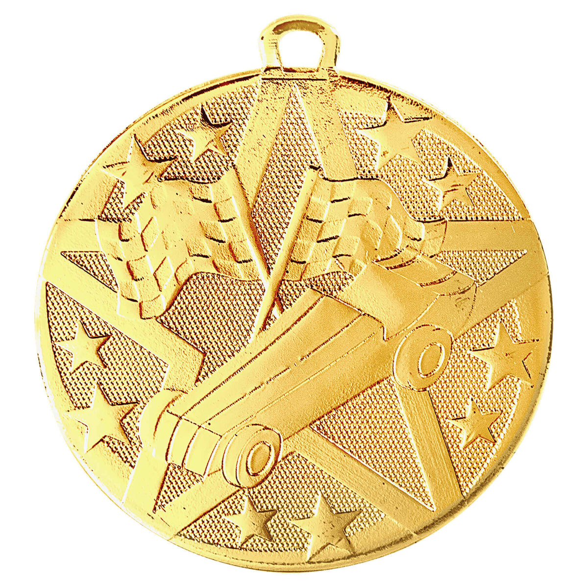 Gold Pinewood Derby Medal featuring a Pinewood Derby car, crossed checkered flags, and a background of stars, perfect for celebrating victory in Pinewood Derby races and scout competitions.