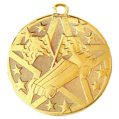 Gold Pinewood Derby Medal featuring a Pinewood Derby car, crossed checkered flags, and a background of stars, perfect for celebrating victory in Pinewood Derby races and scout competitions.