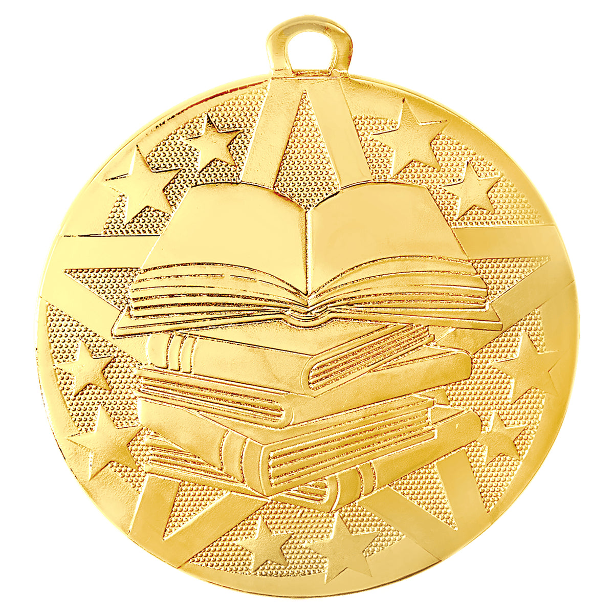Gold Academic Excellence Medal featuring a stack of books, an open book, and stars, perfect for recognizing scholastic achievements and academic excellence