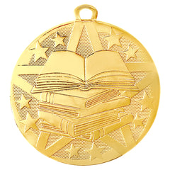 Gold Academic Excellence Medal featuring a stack of books, an open book, and stars, perfect for recognizing scholastic achievements and academic excellence