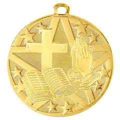 Gold Faith Achievement Medal featuring a cross, praying hands, and an open bible, perfect for religious achievements and spiritual recognitions