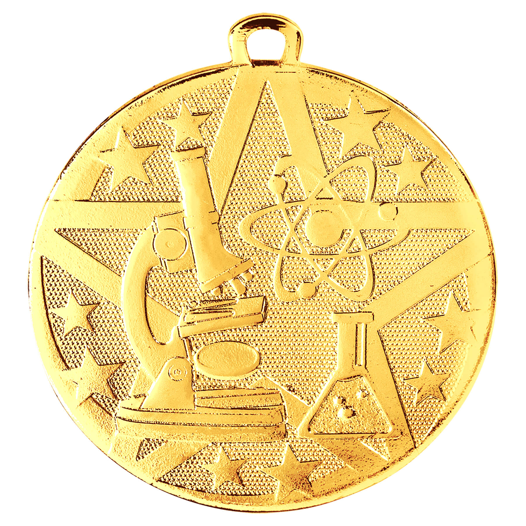 Gold Science Achievement Medal featuring a microscope, beaker, and stars, perfect for recognizing excellence in science and STEM achievements