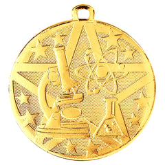 Gold Science Achievement Medal featuring a microscope, beaker, and stars, perfect for recognizing excellence in science and STEM achievements