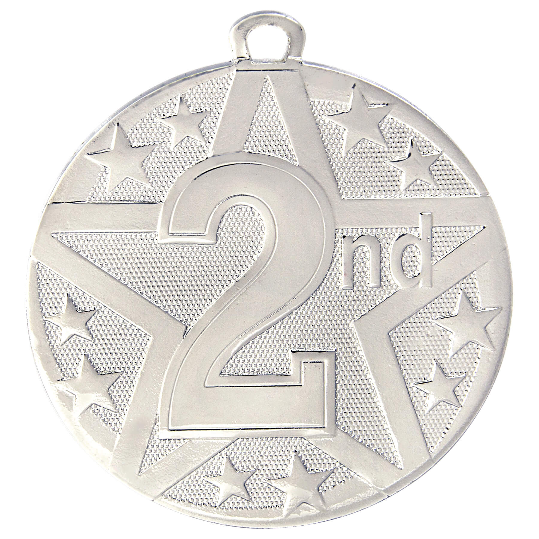 Silver 2nd Place Medal with bold star design, featuring a customizable engraving area and neck ribbon.