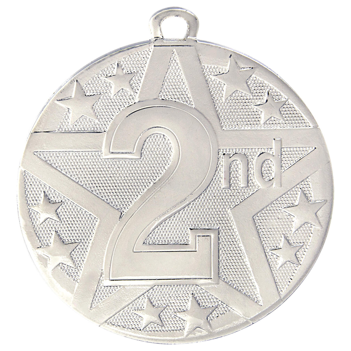Silver 2nd Place Medal with bold star design, featuring a customizable engraving area and neck ribbon.