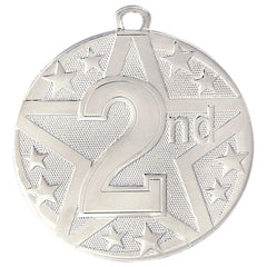 Silver 2nd Place Medal with bold star design, featuring a customizable engraving area and neck ribbon.
