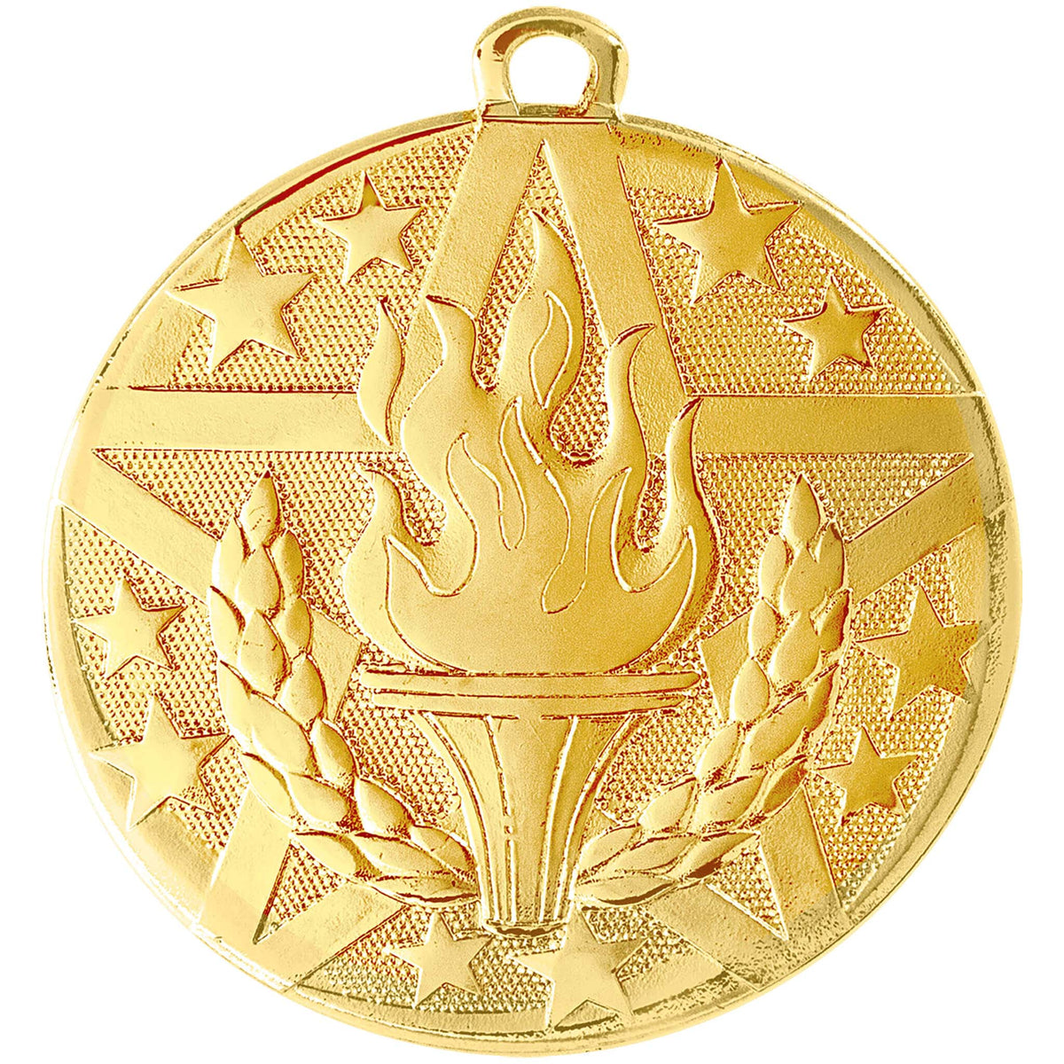 "Gold Flaming Torch Medal with a stylized flaming torch, wheat stalks, and stars symbolizing athletic achievement and victory."