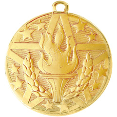 "Gold Flaming Torch Medal with a stylized flaming torch, wheat stalks, and stars symbolizing athletic achievement and victory."