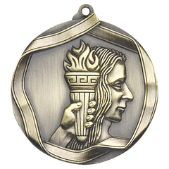 Antique gold achievement medal with profile and raised torch design