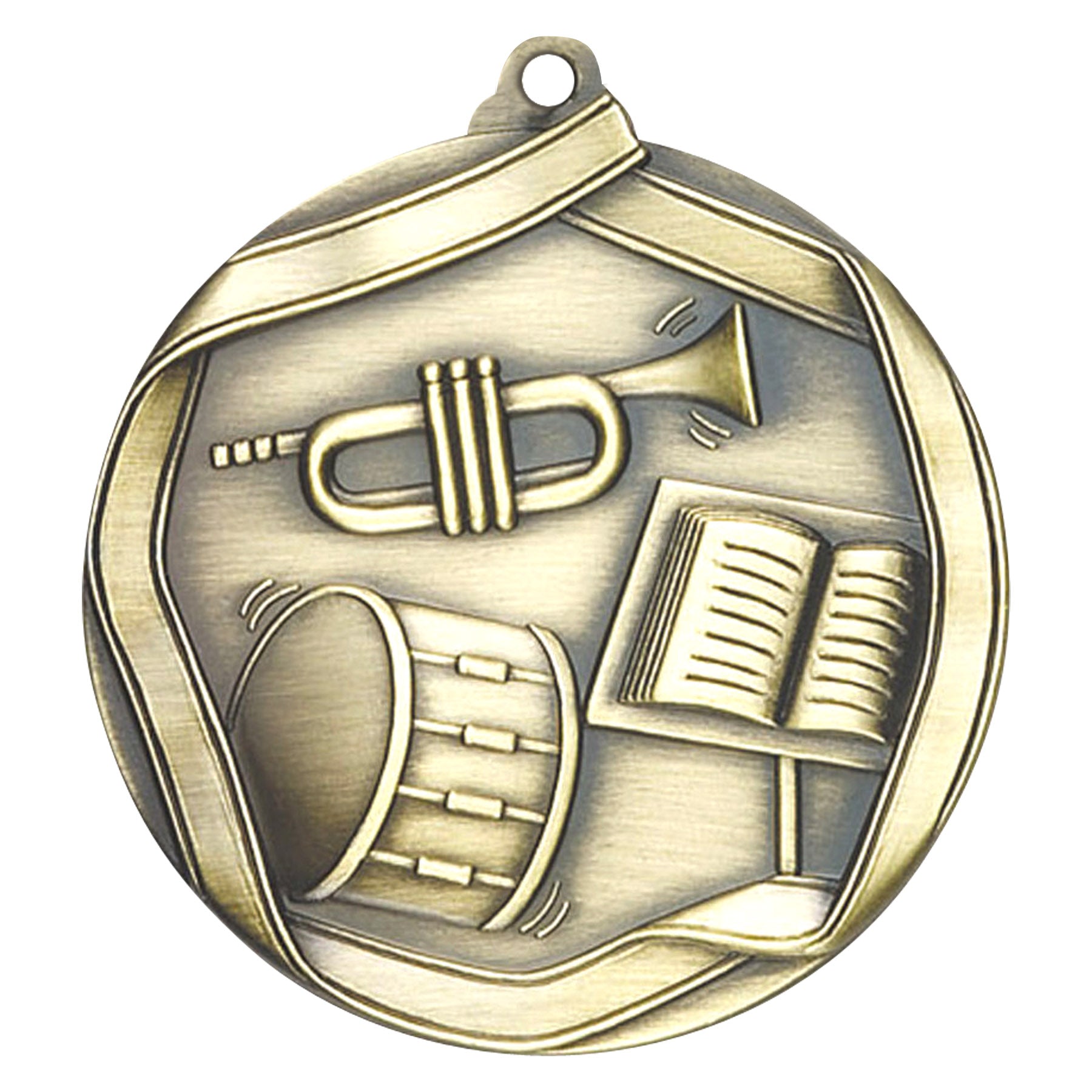 Antique gold band medal with trumpet, drum, and open music book.