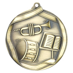 Antique gold band medal with trumpet, drum, and open music book.