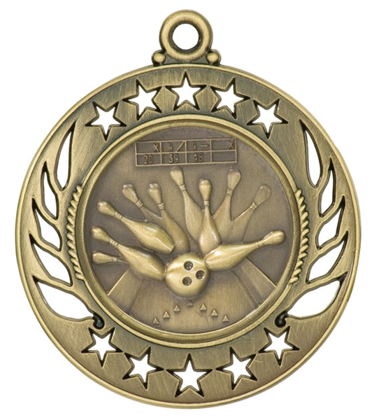 Antique gold medal with bowling ball hitting pins and scoreboard, framed by star border.