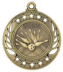 Antique gold medal with bowling ball hitting pins and scoreboard, framed by star border.