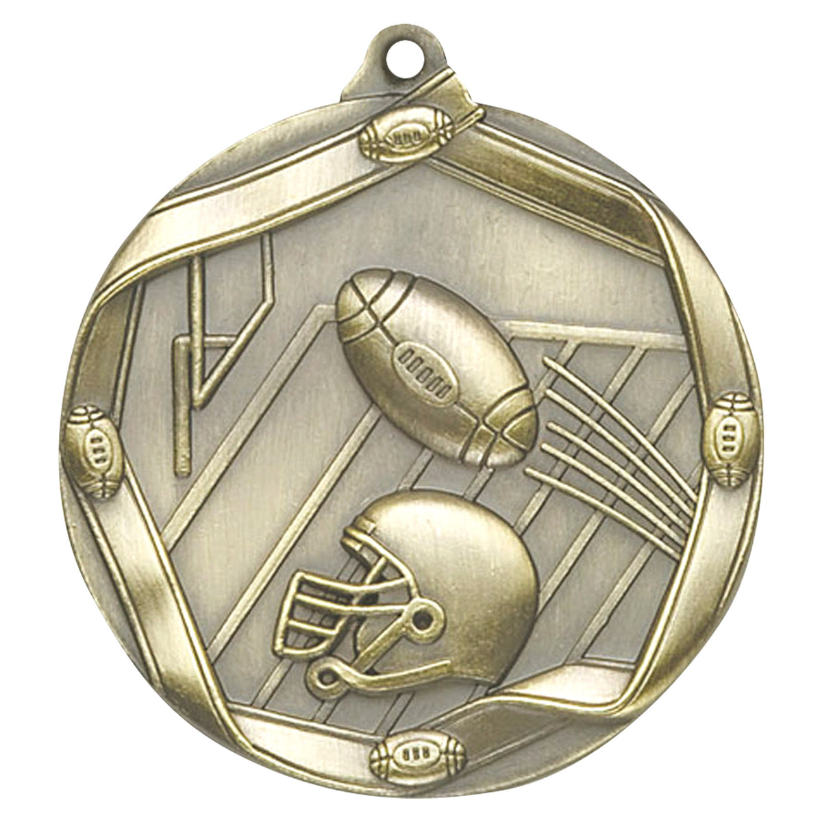 Elite Series Football Medal – Antique gold finish with football, goalpost, and helmet design, accented with miniature footballs around the border