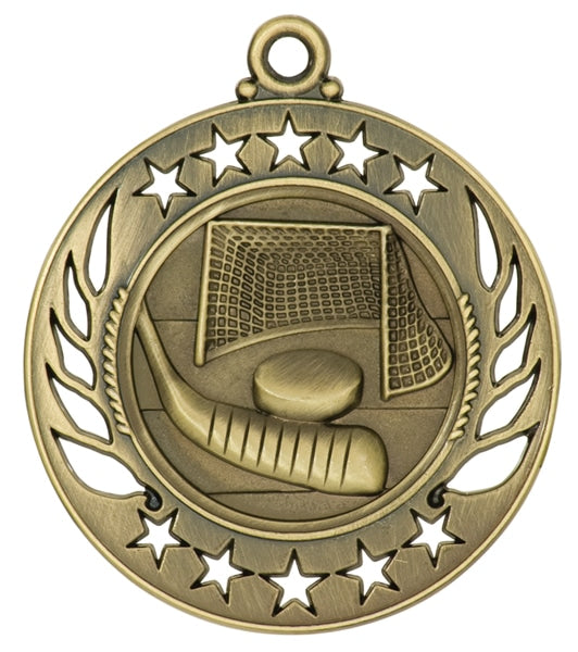 Antique gold medal with hockey stick, puck, and goal framed by star border.