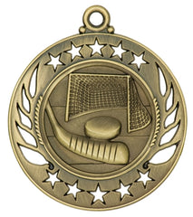 Antique gold medal with hockey stick, puck, and goal framed by star border.