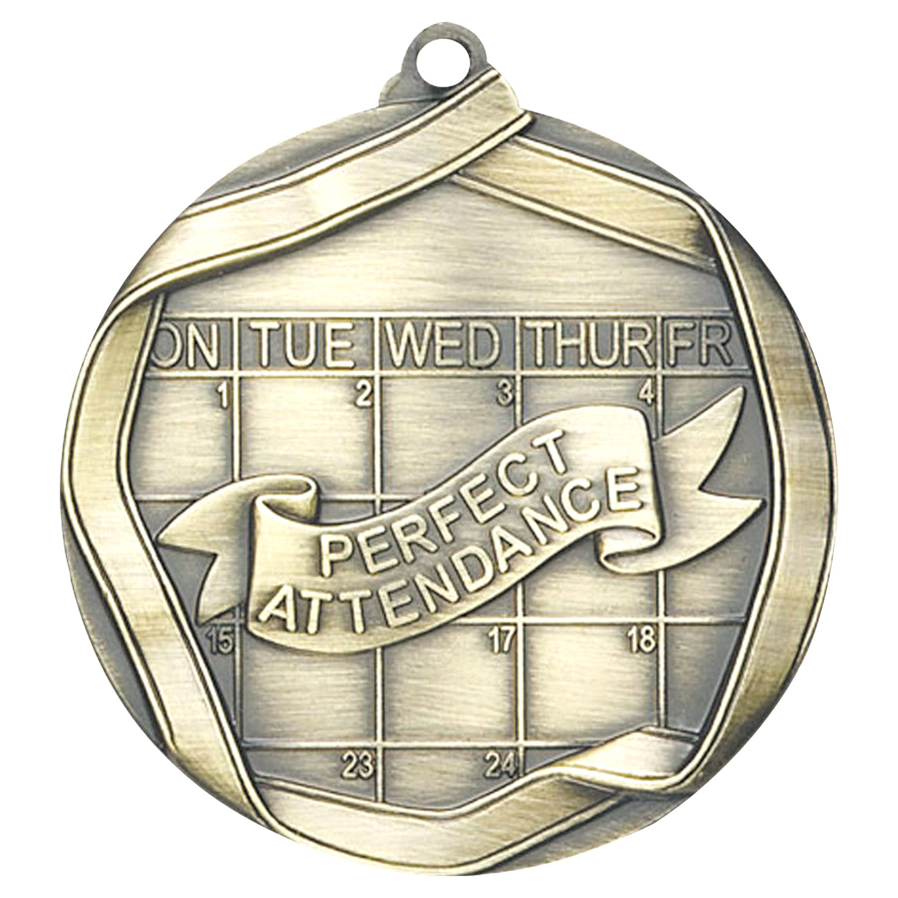 Perfect Attendance Elite medal – antique gold finish with clock and laurel wreath design