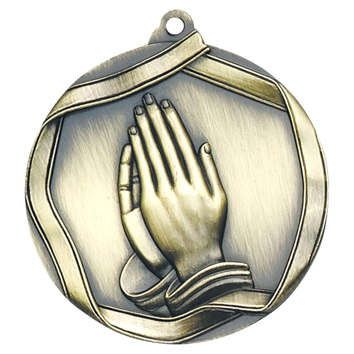 Praying Hands Elite Medal – Antique gold medal with raised praying hands design.