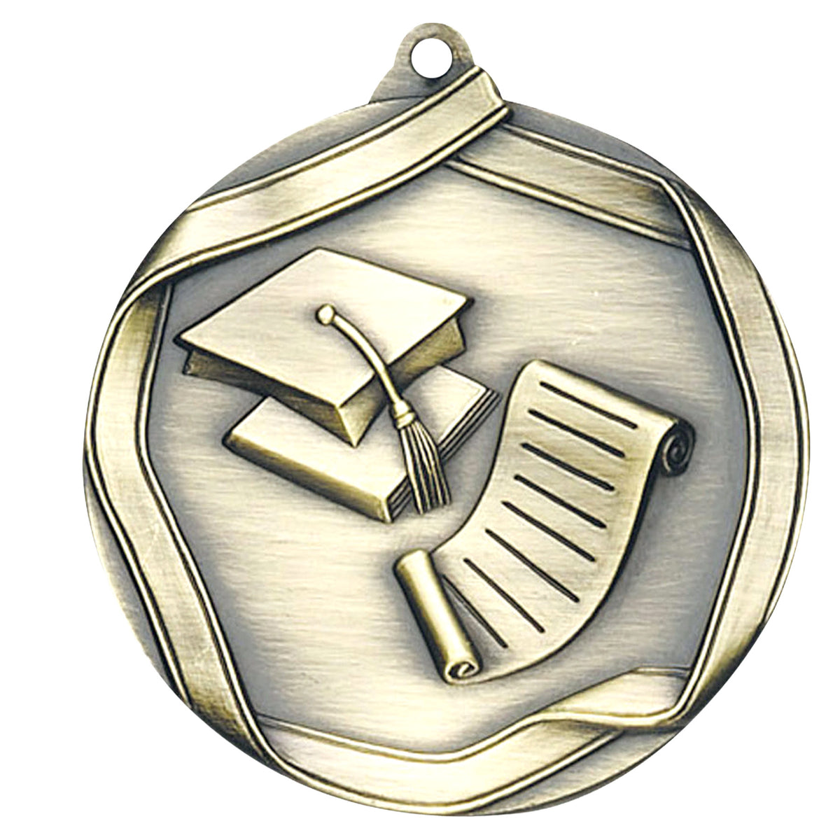 Scholastic Elite medal – antique gold finish with graduation cap and diploma design