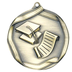 Scholastic Elite medal – antique gold finish with graduation cap and diploma design